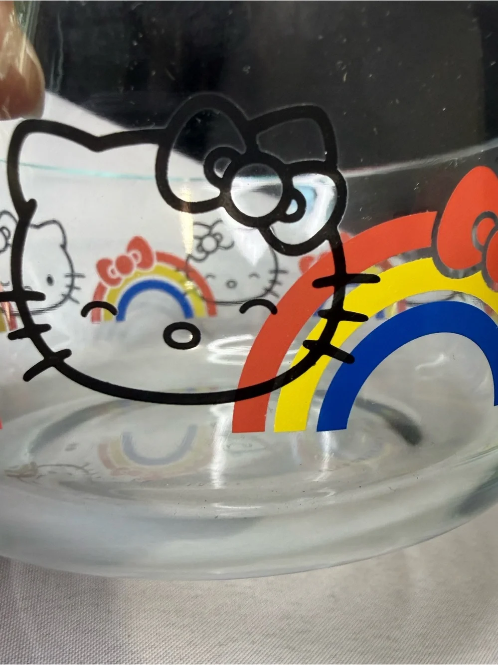 Hello Kitty  Glass Pyrex Bowl with Rainbow and Red Bow Accents 6” Diameter
